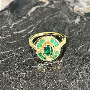 Gold and Green Emerald CZ Engagement Ring